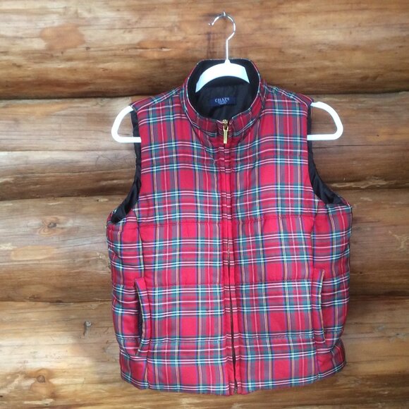 Chaps Royal Stewart Scottish Tartan Plaid Zip Up Puffer Vest Size Medium Petite - Picture 1 of 5